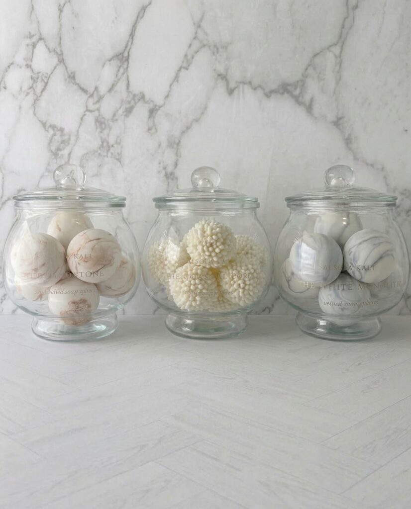 Salsola Kali soap decor spheres in an apothecary jar, an exquisite birthday gift.
