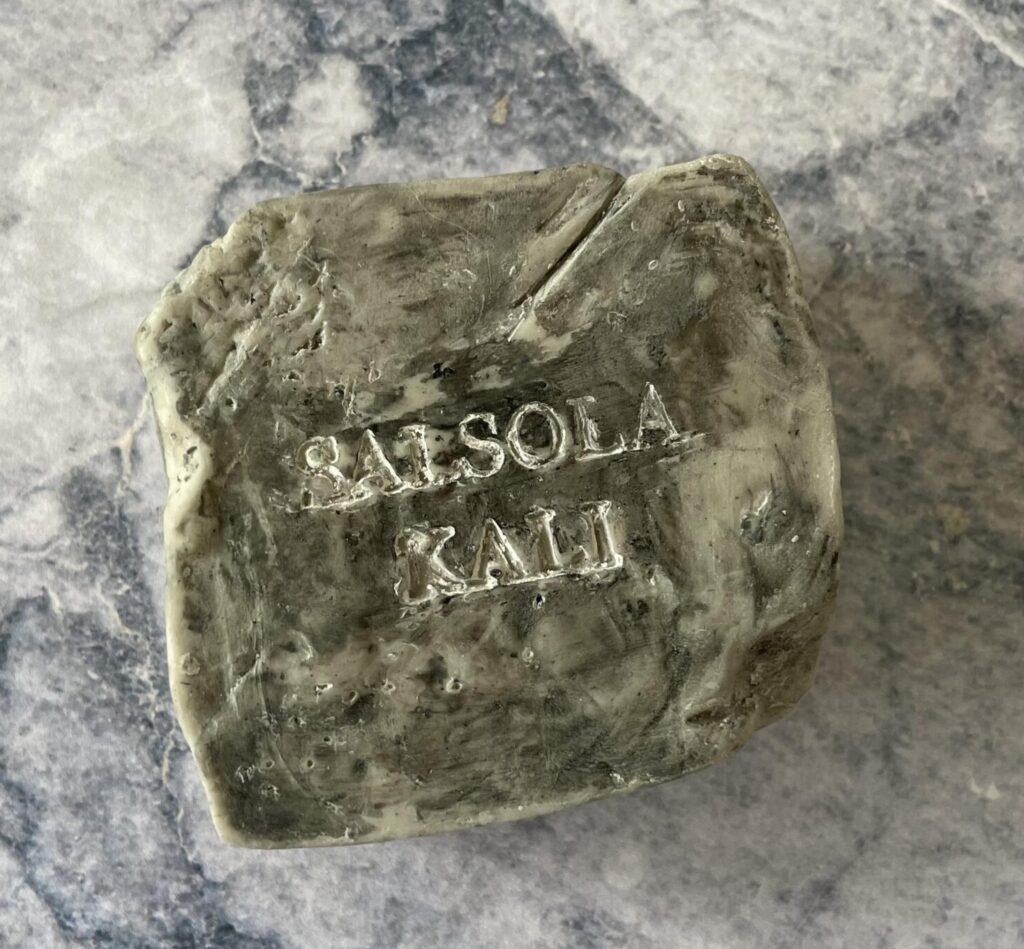 Ash mineral soap scented with eucalyptus, cypress, and fresh mineral air.