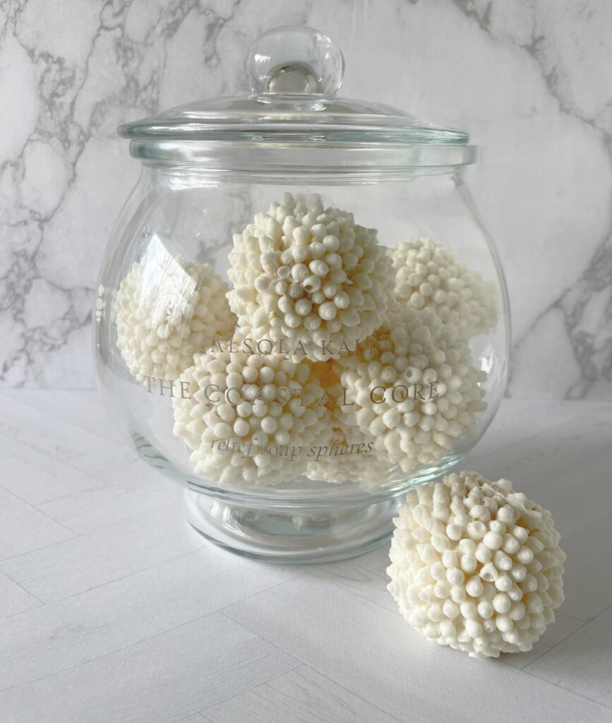Fresh sea salt and coastal cypress scented relief soap spheres by Salsola Kali.