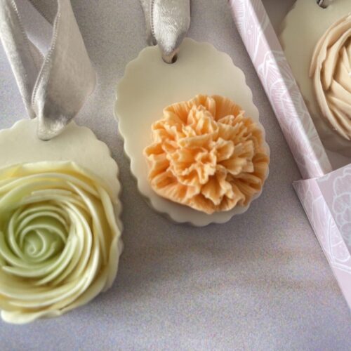 Vibrant Apricot Carnation flower soap by Salsola Kali, a beautiful bathroom art piece.
