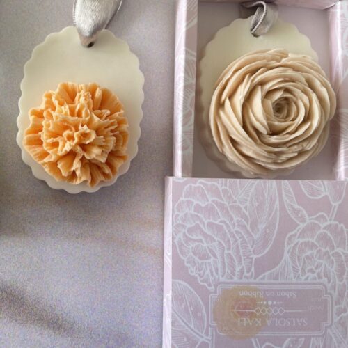 Apricot Carnation soap on a ribbon, a premium and relaxing birthday gesture.