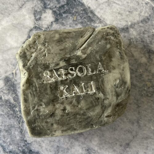 Ash mineral soap scented with eucalyptus, cypress, and fresh mineral air.