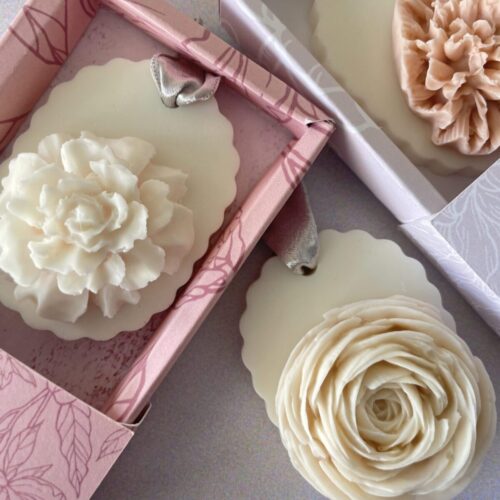 Hanging Blush Larosa rose soap, a one-of-a-kind holiday gift idea for her.