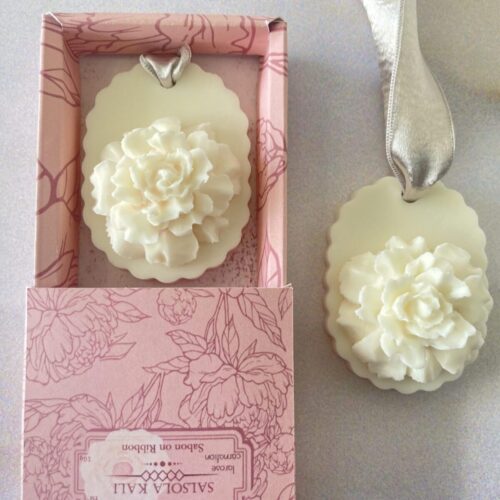 Salsola Kali Blush Larosa soap on a ribbon, an exquisite romantic rose sculpture.