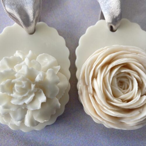Peony and vanilla orchid scented ranunculus soap, a beautiful gift for her birthday. Cashmere musk and sandalwood scented ivory rose soap, a beautiful birthday gift.