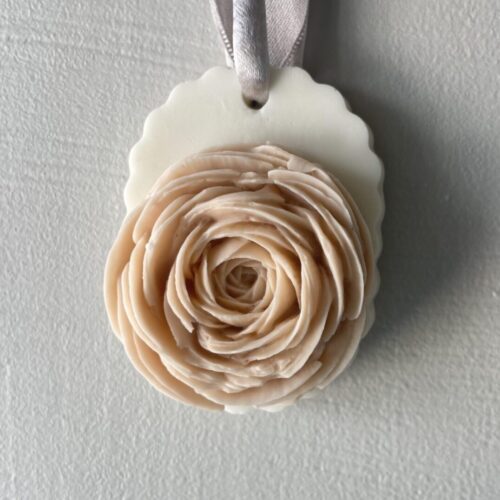 Honey Peach Ranunculus soap on a ribbon, a premium Mother's Day gift gesture.