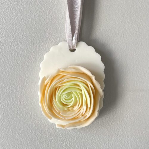 Botanical sculpted Pistachio Rose soap by Salsola Kali, a fresh bathroom art piece.