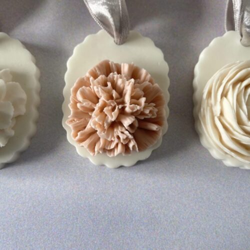 Hanging Coral Carnation flower soap, a one-of-a-kind gift idea for her birthday.