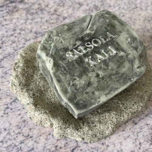 Salsola Kali Ash natural grey mineral soap with stone-inspired fracturing.