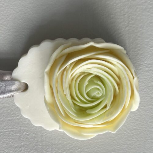 Buttercream Rose sculpted flower soap with macadamia notes for a luxury bathroom accent.