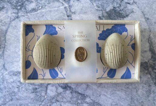 Creamy vanilla and playful cookie-scented soap trio in a linen-lined box.