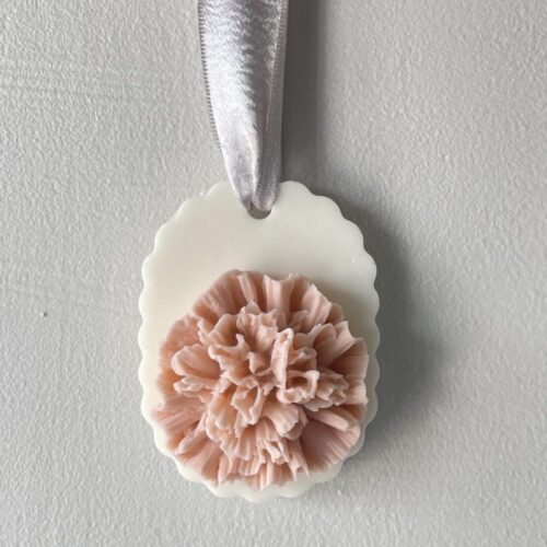 Hanging Coral Carnation flower soap, a one-of-a-kind gift idea for her birthday.