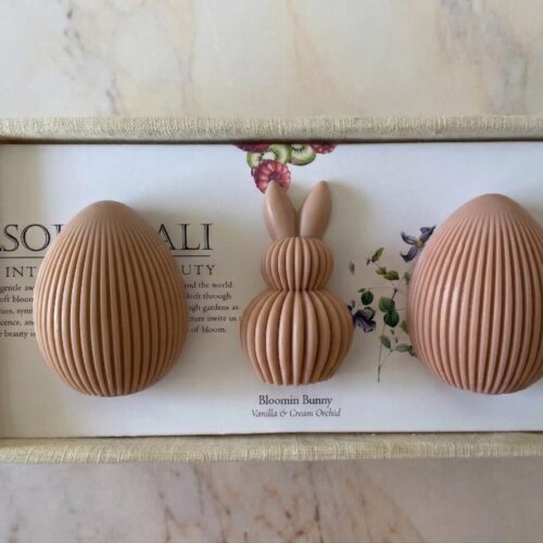 Sculpted soap trio in Vanilla & Cream Orchid for a sophisticated spring display.
